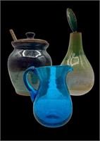 Blue Glass Pitcher, Honey Pot w/Dipper & Vase