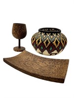 Hand Crafted Wood Wine Goblet, Tray & Woven Basket