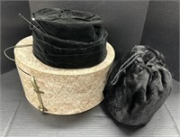 (AE) Antique Hat Box with Black Velvet Hat and