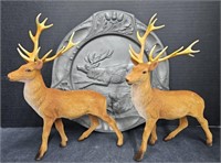 (AR) Antique Pewter Elk Plate 12" And Two Diorama