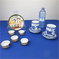 Asian Tray w/ 5 Cups & Saucers, Japanese Blue and