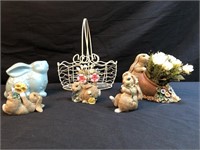 Porcelain Rabbits, Glass Rabbit, Wire Basket