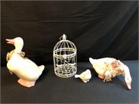 Ceramic Geese And Bird And Wire Cage