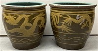 Pair of Large Decorated Dragon Terracotta Pots