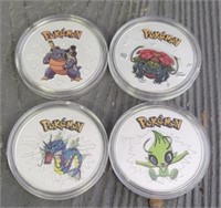 (4) Silver Plated Pokémon Collectors Coins