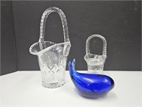 Glass Paperweight Whale & 2 Glass Baskets  3- 4.5h