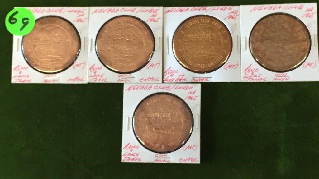 5 COPPER 1965 NEVADA CLUB 1.00 GAMING TOKENS