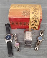 (4) Fossil Watches & Small Wood Chest