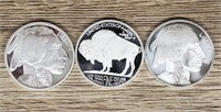 (3) One Ounce Silver Rounds: Buffalo/Indian #1