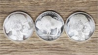 (3) One Ounce Silver Rounds: Buffalo/Indian #2