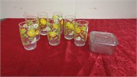 VINTAGE JUICE GLASSES AND A GLASS CANDY DISH