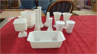 MILK GLASS VASES- LOAF PAN- CANDY DISH- CUPS