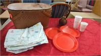 PICNIC BASKET ALONG WITH A TABLE CLOTH- CUPS-