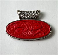 Vintage Sterling Carved Coral Fish Pendant (Unique