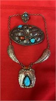 NATIVE AMERICAN BELT BUCKLE, NECKLACE AND RING