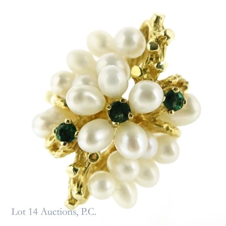 14k Y. Gold, FW Pearl & Emerald Ring Size 5.5