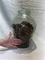 Very Large Thick Glass Jar / Pine Cones Inside