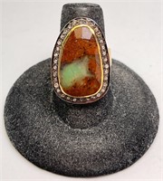 Lg Sterling Vermeil Signed Turquoise/Diamond Ring