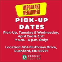 Pick-Up, Tuesday & Wednesday, April 2nd & 3rd: 9 a
