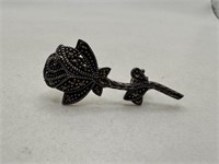 STERLING SILVER ROSE MARCASITE BROOCH / PIN