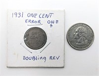 Rare 1931 One Cent Error Coin