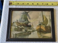antique windmill & boat lithograph in steel frame