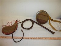 Vintage Canteen, Leather Bullwhip & Wine Skin