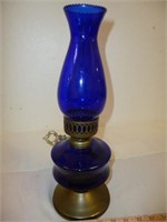 Cobalt Blue Glass & Brass Hurricane Oil Lamp