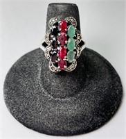 Sterling Ruby/Emerald/Sapphire Ring 7 Gr Size 6.5