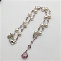 Sterling Silver Pearl & Purple Stone Necklace