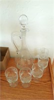 ETCHED GLASS/CRYSTAL DECANTER WITH GOBLETS