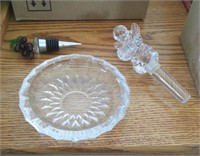 3 PC CUT GLASS ASHTRAY & WINE BOTTLE STOPPERS