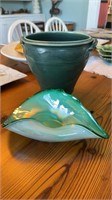 2 piece lot green glazed flower vase, with two