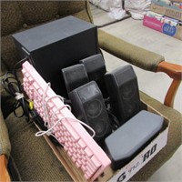 BOX OF COMPUTER SPEAKERS & KEYBOARD