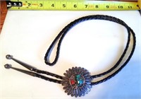 VTG NATIVE AM. BOLO #1, SILVER/TURQUOISE/RED STONE