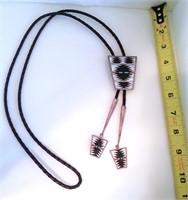 ZUNI BOLO #2, SILVER,LEATHER, ONYX, TURQUOISE, RED