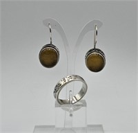 PAIR OF STERLING EARRINGS & STERLING RING