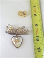 2 PC GOLD TONE & RHINESTONE PINS, BROOCH W/MOP