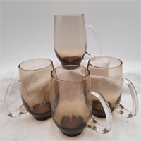 4 Libbey Brown Glass Mid-century Temple Tankards
