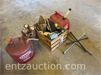 LOT OF PAINTING SUPPLIES, 2 GAS CANS, DRILL BIT