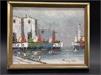 Vintage Harbor Boats Oil Painting