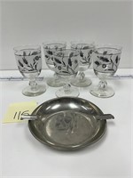 Stieff Pewter Ashtray Frosted Silver Leaf Glasses