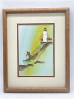 Original Framed Watercolor Lighthouse with Boat