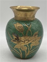 Vintage Brass Vase Etched/Floral Enamel