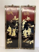 Pair of Lacquered Carved Mother of Pearl Wall Art