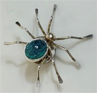 UNIQUE STERLING SILVER & TURQUOISE SPIDER BROOCH