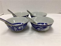 Four Japanese Soup Bowls with Spoons