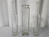 TWO 13" BOTTLES AND ONE 12"X2 3/4" SQUARE VASE