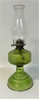 UNIQUE EMBOSSED GLASS OIL LAMP W GREEN BASE