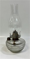 DESIRABLE ANTIQUE PRESSED GLASS HANGING OIL LAMP